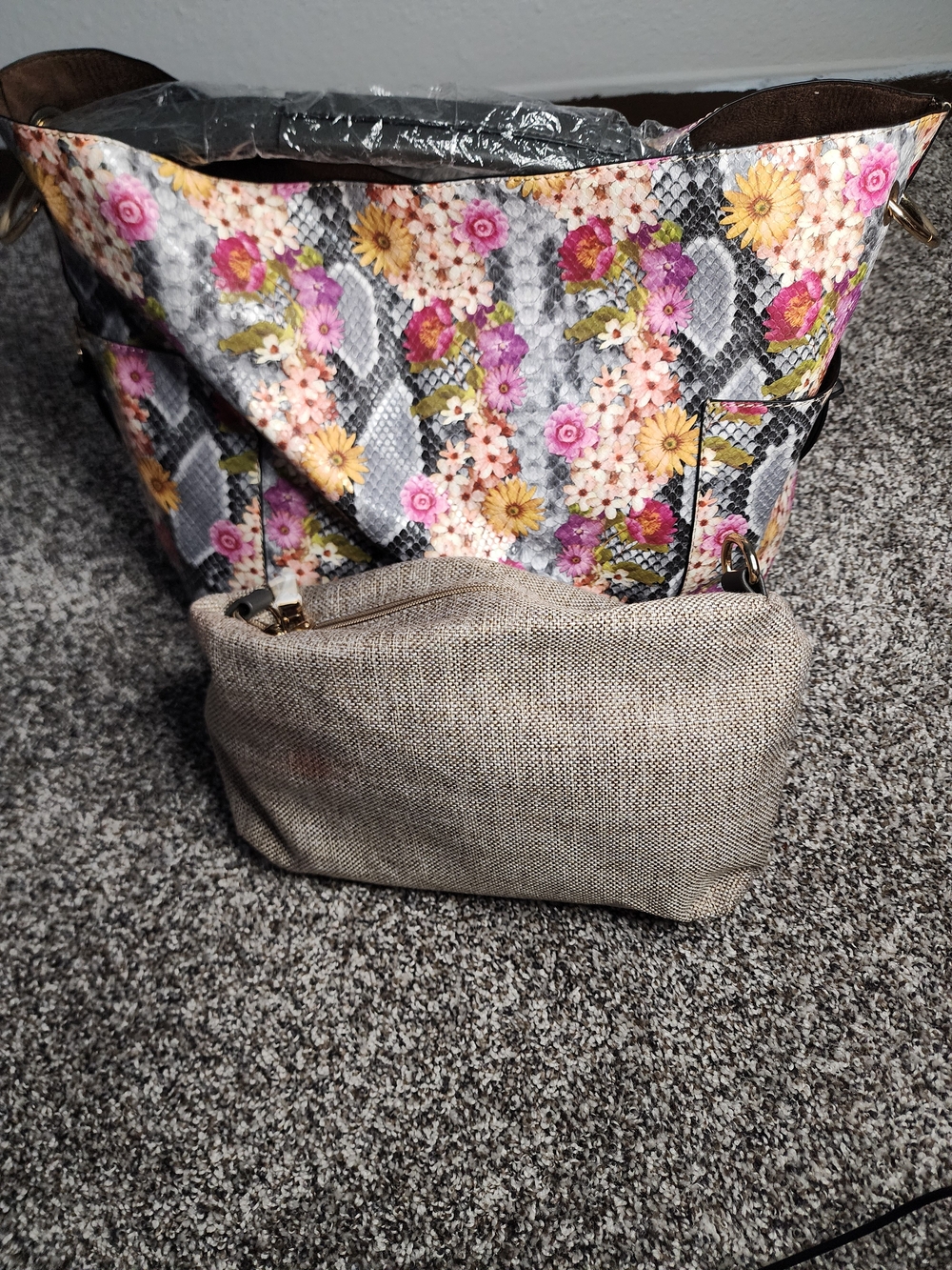 Le Miel 2 In 1 Vegan Leather Floral Snake-Print Satchel Linen Bag Included